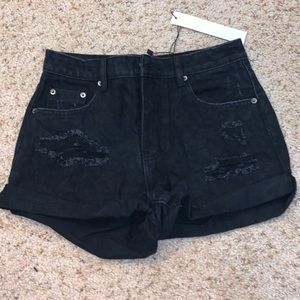 Black Leopard Print Denim Shorts